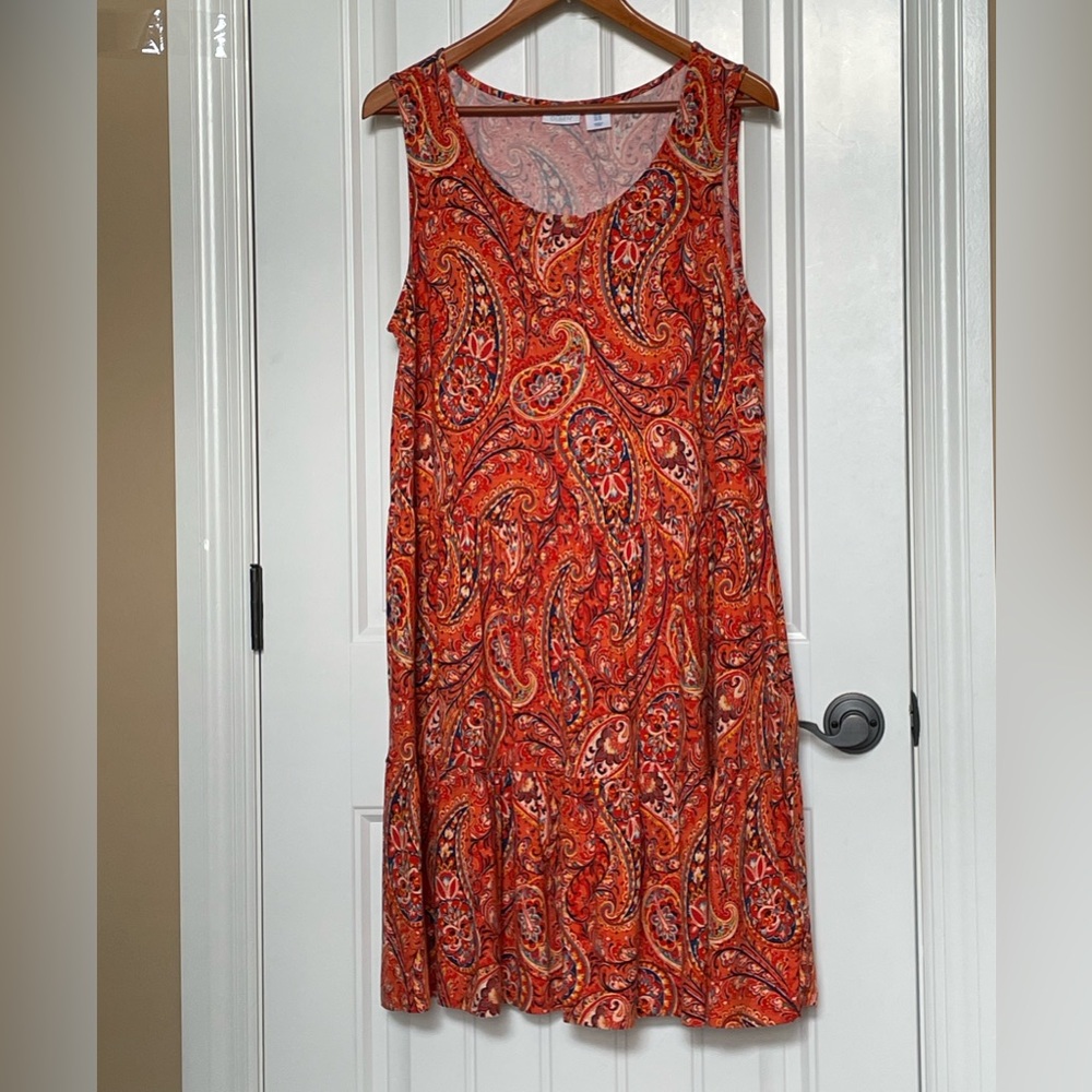 Sigrid Olsen 1X Orange Paisley Sleeveless A-Line Dress with full skirt